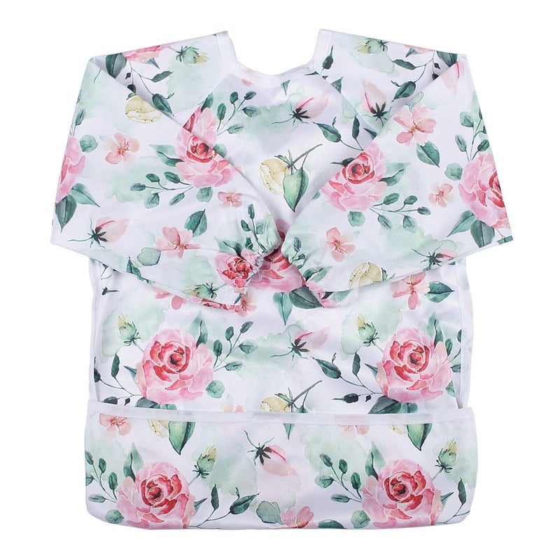 Sigzagor Baby Bib Sleeved Shirt With Pocket 1-3 years old Toddler Drawing (Pink Flowers Rose) - Image 1